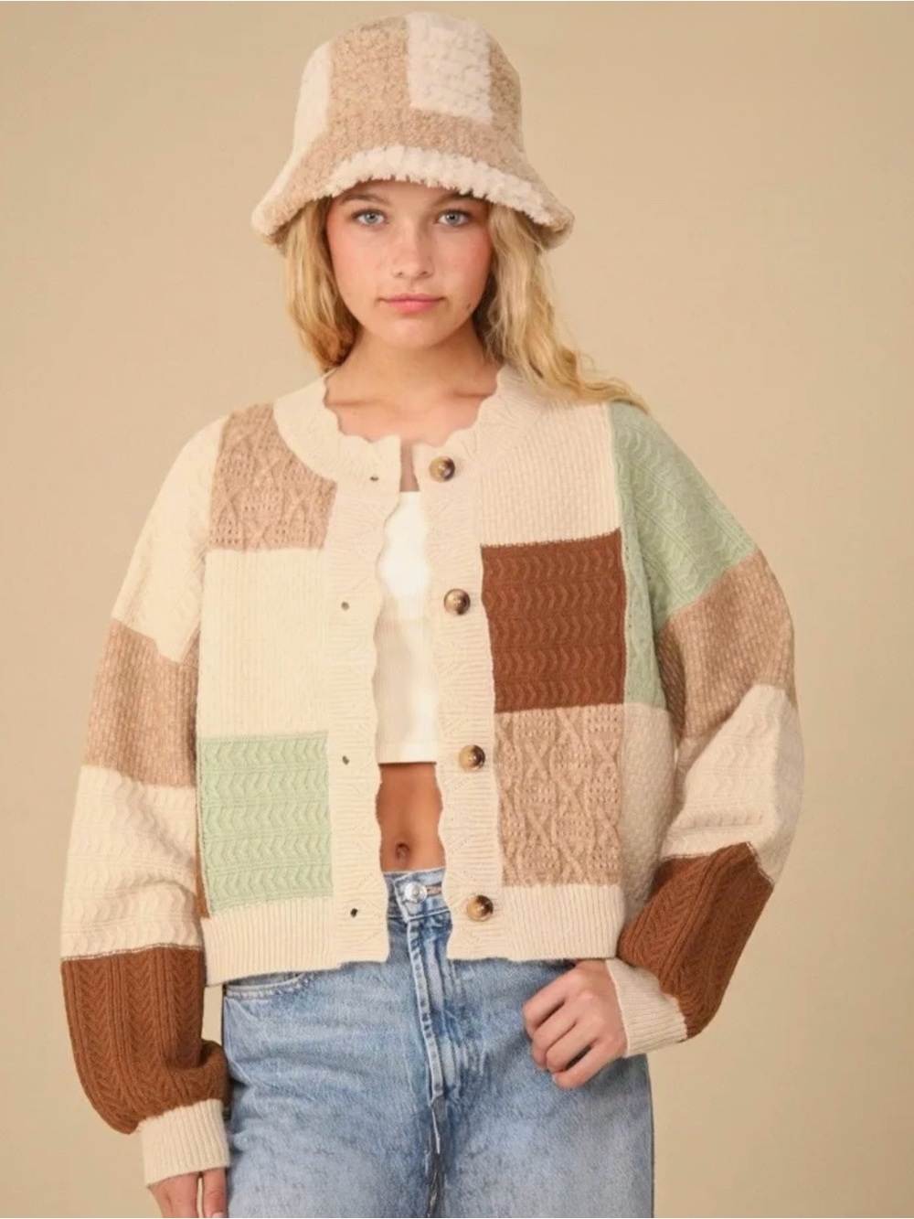 Very J new In Cream Patchwork Knit Cardigan Sweater - Soft Ribbed Detail